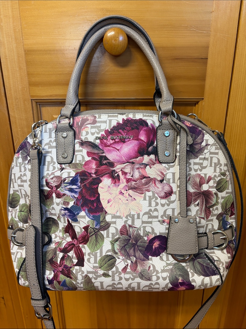 Dana Buchman Floral Signature Satchel Crossbody in Taupe/Grey, Pink, Purple, Blu
